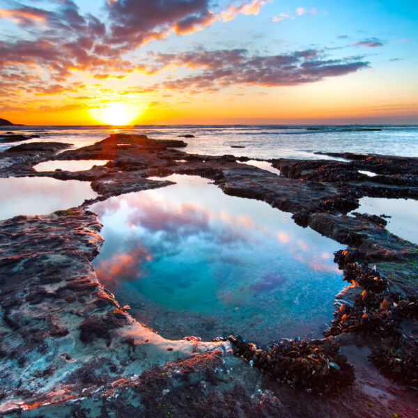 An image of the sunset and the clouds reflected on the ocean life