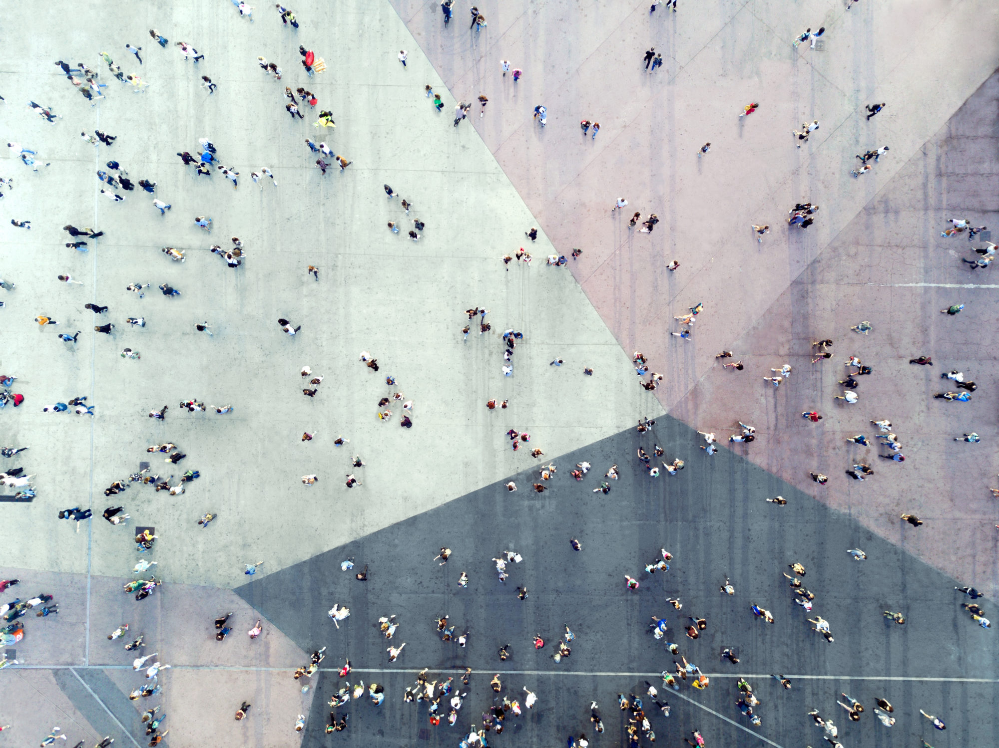 A global view of several people walking on the street