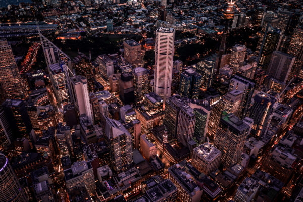 A view of tall buildings in the downtown of an international city.